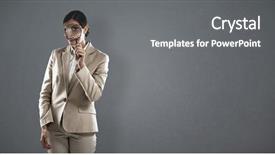  Presentation with looking glass - Colorful slide deck enhanced with businesswoman looking through magnifying glass backdrop and a gray colored foreground