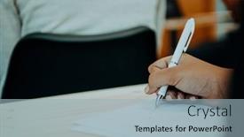  Presentation with note - Presentation design featuring businesswoman-makes-a-note background and a light blue colored foreground