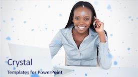  Presentation with falling snow - PPT theme having businesswoman making a phone call while using a laptop against snow falling background and a sky blue colored foreground