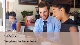  Presentation with college coffee shop - Slide set enhanced with businesswoman meeting in coffee background and a coral colored foreground