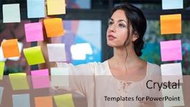  Presentation with post stick note - Theme having businesswoman moving a post-it background and a coral colored foreground