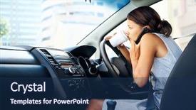  Presentation with distracted driving - Colorful slide set enhanced with businesswoman multitasking while driving drinking backdrop and a navy blue colored foreground