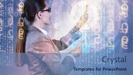  Presentation with digital - PPT theme having businesswoman of digital age in concept background and a teal colored foreground