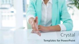  Presentation with handshake - PPT layouts consisting of businesswoman-offering-a-handshake background and a sky blue colored foreground