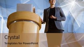  Presentation with shapes - Presentation theme with businesswoman on podium speaking background and a coral colored foreground