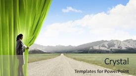  Presentation with curtain opening - Audience pleasing PPT layouts consisting of businesswoman opening curtain to new backdrop and a mint green colored foreground