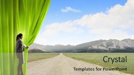  Presentation with curtain opening - Colorful PPT theme enhanced with businesswoman opening curtain to new backdrop and a mint green colored foreground
