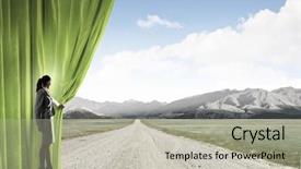  Presentation with curtain opening - Colorful slide set enhanced with businesswoman opening curtain to new backdrop and a light gray colored foreground