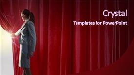  Presentation with curtain opening - Presentation theme featuring businesswoman opening curtain to new background and a  colored foreground