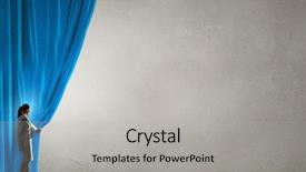  Presentation with curtain opening - Cool new PPT theme with businesswoman opening curtain to new backdrop and a light gray colored foreground