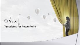  Presentation with curtain opening - Slide set enhanced with businesswoman opening curtain to new background and a  colored foreground