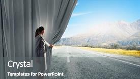  Presentation with curtain opening - PPT theme enhanced with businesswoman opening curtain to new background and a gray colored foreground