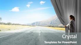  Presentation with curtain opening - PPT theme enhanced with businesswoman opening curtain to new background and a gray colored foreground