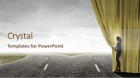  Presentation with curtain opening - Slide set with businesswoman opening curtain to new background and a cream colored foreground