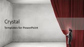  Presentation with curtain opening - Cool new PPT theme with businesswoman opening curtain to new backdrop and a  colored foreground