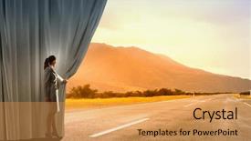  Presentation with curtain opening - Amazing slide set having businesswoman opening curtain to new backdrop and a yellow colored foreground