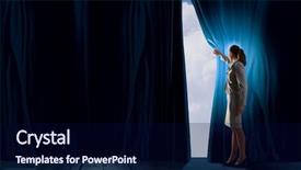  Presentation with curtain opening - Audience pleasing presentation design consisting of businesswoman opening curtain to new backdrop and a  colored foreground