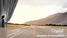  Presentation with curtain opening - Beautiful PPT layouts featuring businesswoman opening curtain to new backdrop and a coral colored foreground