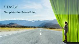  Presentation with curtain opening - Theme having businesswoman opening curtain to new background and a light blue colored foreground