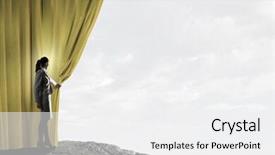  Presentation with curtain opening - Colorful slide deck enhanced with businesswoman opening curtain to new backdrop and a  colored foreground