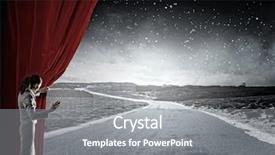  Presentation with curtain opening - PPT theme having businesswoman opening curtain to new background and a gray colored foreground