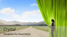  Presentation with curtain opening - Theme consisting of businesswoman opening curtain to new background and a soft green colored foreground