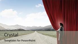  Presentation with curtain opening - PPT theme with businesswoman opening curtain to new background and a light gray colored foreground