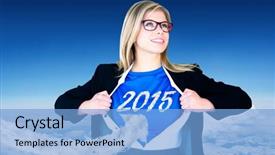  Presentation with superhero businesswoman - Beautiful presentation theme featuring businesswoman opening her shirt superhero backdrop and a light blue colored foreground