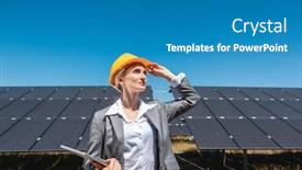  Presentation with solar farm - Presentation theme consisting of businesswoman-or-investor-inspecting background and a teal colored foreground