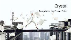  Presentation with overcoming - Slide deck having businesswoman overcoming gap between roofs mixed media background and a white colored foreground