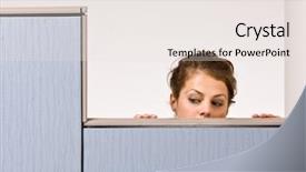  Presentation with video wall 3d - Amazing PPT theme having businesswoman peering over cubicle wall backdrop and a sky blue colored foreground