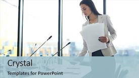  Presentation with conference table - PPT layouts enhanced with businesswoman placing papers on meeting background and a light blue colored foreground