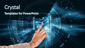  Presentation with interface - PPT layouts enhanced with businesswoman pointing against black and grey interface background and a navy blue colored foreground