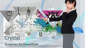  Presentation with blue design - Amazing slides having businesswoman pointing against blue abstract design in room backdrop and a lemonade colored foreground