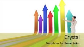  Presentation with asian carp - Amazing PPT theme having businesswoman pointing against colourful arrows backdrop and a yellow colored foreground