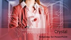  Presentation with towers - Audience pleasing presentation consisting of businesswoman pointing against composite image of server towers backdrop and a coral colored foreground