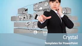  Presentation with blue brain - Presentation design with businesswoman pointing against faint brain on blue background background and a light blue colored foreground