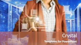  Presentation with server room - Slide deck featuring businesswoman pointing against server room in blue background and a red colored foreground