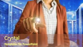  Presentation with server room - PPT theme enhanced with businesswoman pointing against server room in blue background and a tawny brown colored foreground