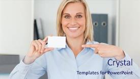  Presentation with wedding card islamic - Amazing PPT theme having businesswoman pointing at a card backdrop and a sky blue colored foreground