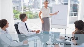  Presentation with growing - Theme consisting of businesswoman pointing at a growing background and a light blue colored foreground