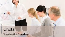  Presentation with flip chart - Audience pleasing PPT theme consisting of businesswoman pointing at flip chart backdrop and a mint green colored foreground