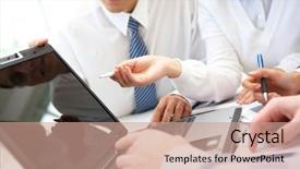  Presentation with meeting - Audience pleasing slides consisting of businesswoman pointing at lcd screen backdrop and a coral colored foreground