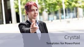  Presentation with outdoor clothes for outdoor activity - Theme consisting of businesswoman-pointing-at-you-outdoor background and a light blue colored foreground