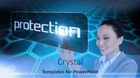  Presentation with hexagons - Amazing slide deck having businesswoman pointing to word protection pointing against black background with shiny hexagons backdrop and a light blue colored foreground