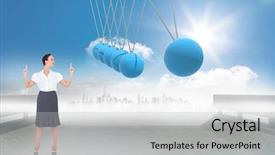 Presentation with road - Slide set consisting of businesswoman posing against newtons cradle background and a light gray colored foreground
