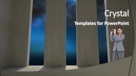  Presentation with shining light - Presentation design featuring businesswoman posing with binoculars against light shining into dark room background and a dark gray colored foreground