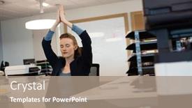  Presentation with office chair - Amazing slide deck having businesswoman practicing yoga while sitting on chair by desk at office backdrop and a coral colored foreground
