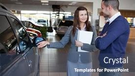  Presentation with dealership - Cool new PPT theme with businesswoman presenting a car to a client in a dealership backdrop and a ocean colored foreground