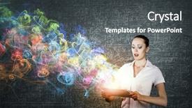  Presentation with tablet - Presentation theme enhanced with businesswoman presenting tablet pc model background and a dark gray colored foreground